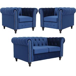 home square 3 piece set with velvet living room loveseat and 2 chairs in blue