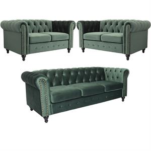 home square mavi 3 piece set with velvet living room sofa & 2 loveseats in green