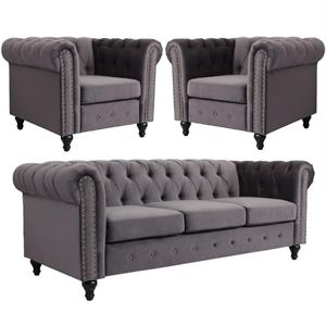 home square mavi 3 piece set with velvet living room sofa and 2 chairs in gray