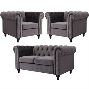 home square mavi 3 piece set with velvet living room loveseat & 2 chairs in gray