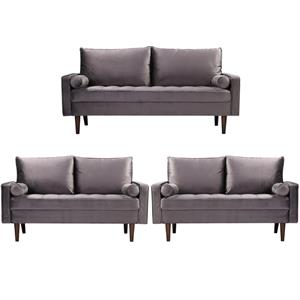 Home Square Genoa 3 Piece Set with Velvet Living Room Sofa & 2-Loveseat in Gray