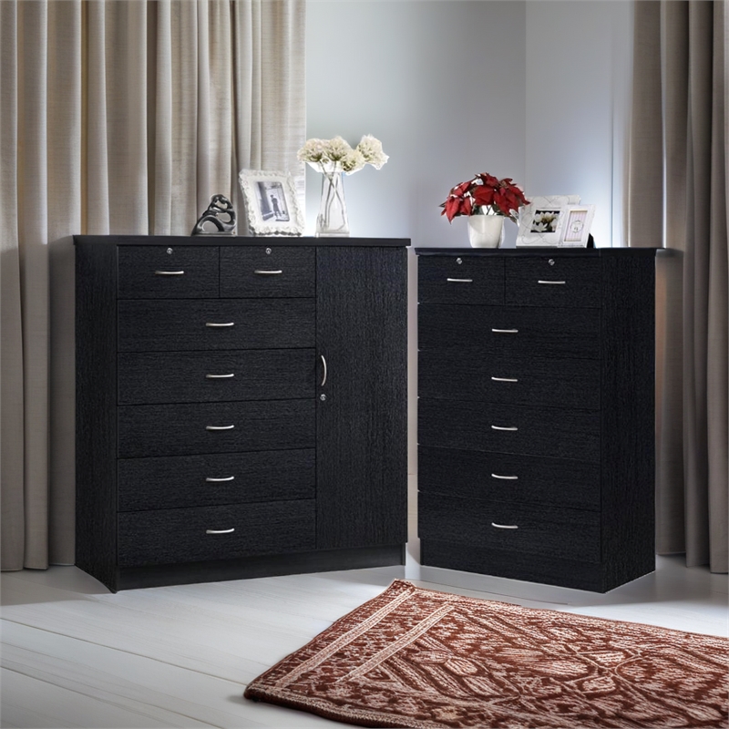 Home Square Hodedah 2 Piece 7 Drawer Wood Chest Set with Locks in Black