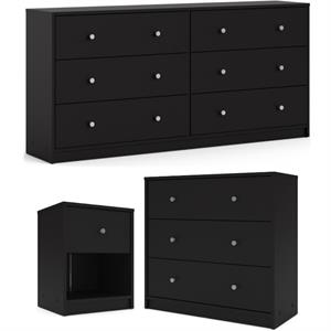 3pc set of engineered wood black 3drawer chest 6drawer dresser & nightstand