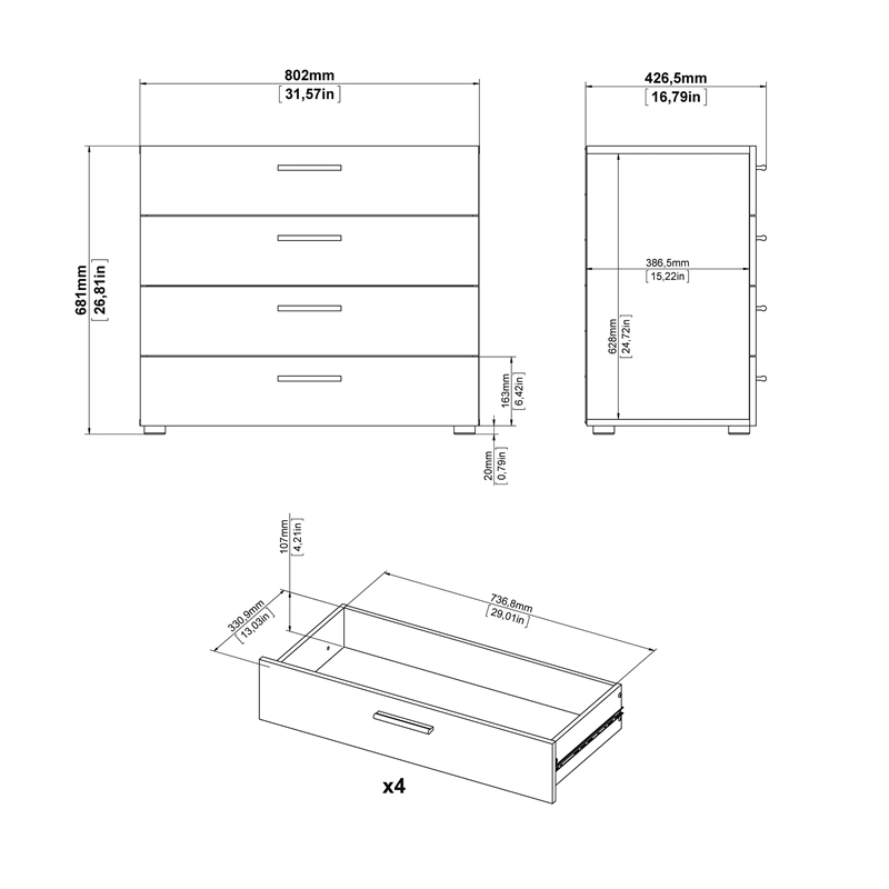 Home Square 3 Piece Set with Chest and 2-Nightstand in Oak Structure/White Gloss