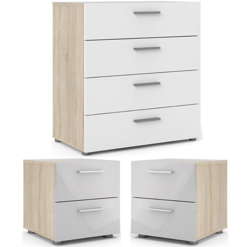 Home Square 3 Piece Set with Chest and 2-Nightstand in Oak Structure/White Gloss