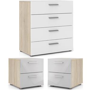 home square 3 piece set with chest and 2-nightstand in oak structure/white gloss