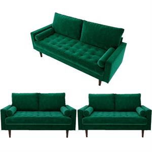 home square 3 piece set with velvet living room sofa and 2-loveseat in green