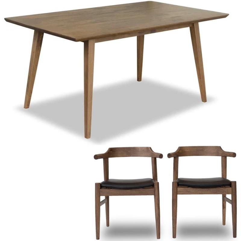 Home Square 3 Piece Set with Wood Dining Table and 2 Leather Dining Chairs