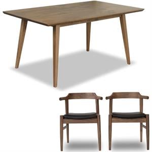 Home Square 3 Piece Set with Wood Dining Table and 2 Leather Dining Chairs