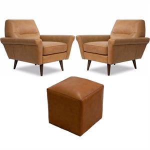 home square 3 piece set with leather 2 accent chairs and ottoman in tan & brown