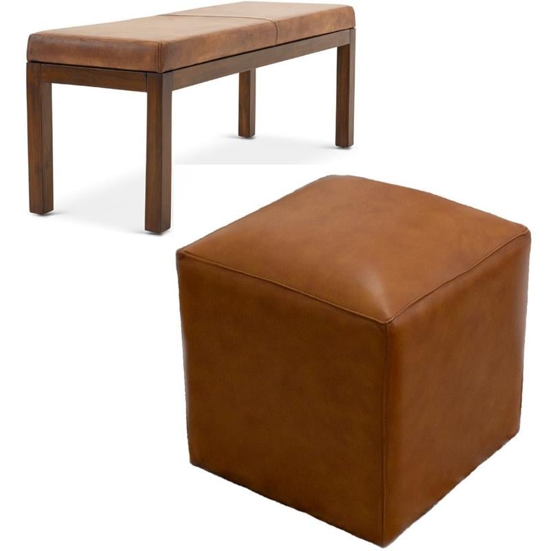 Home Square 2 Piece Furniture Set with Genuine Leather Bench and Ottoman
