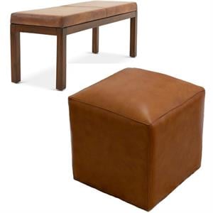 Home Square 2 Piece Furniture Set with Genuine Leather Bench and Ottoman