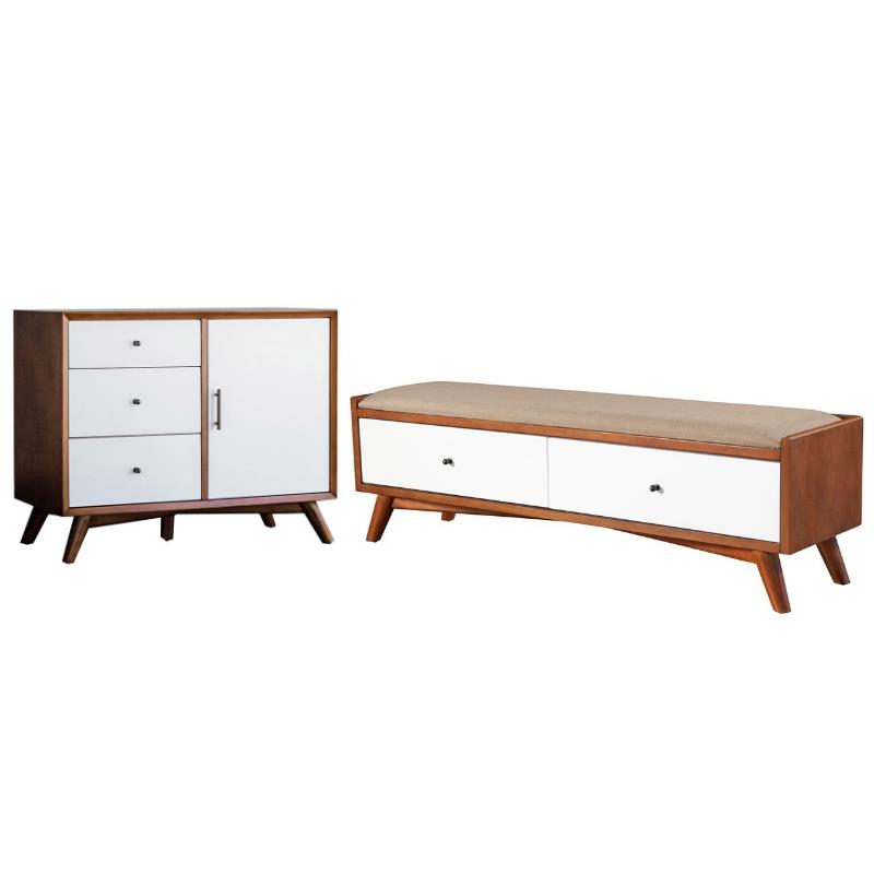 Home Square 2 Piece Furniture Set with Cabinet and Storage Bench in Acorn-White