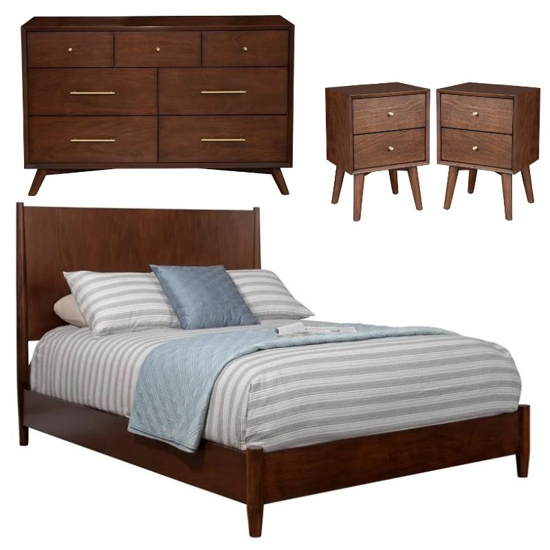 Home Square 4 Piece Set with Nightstand Queen Panel Bed and Dresser in Walnut