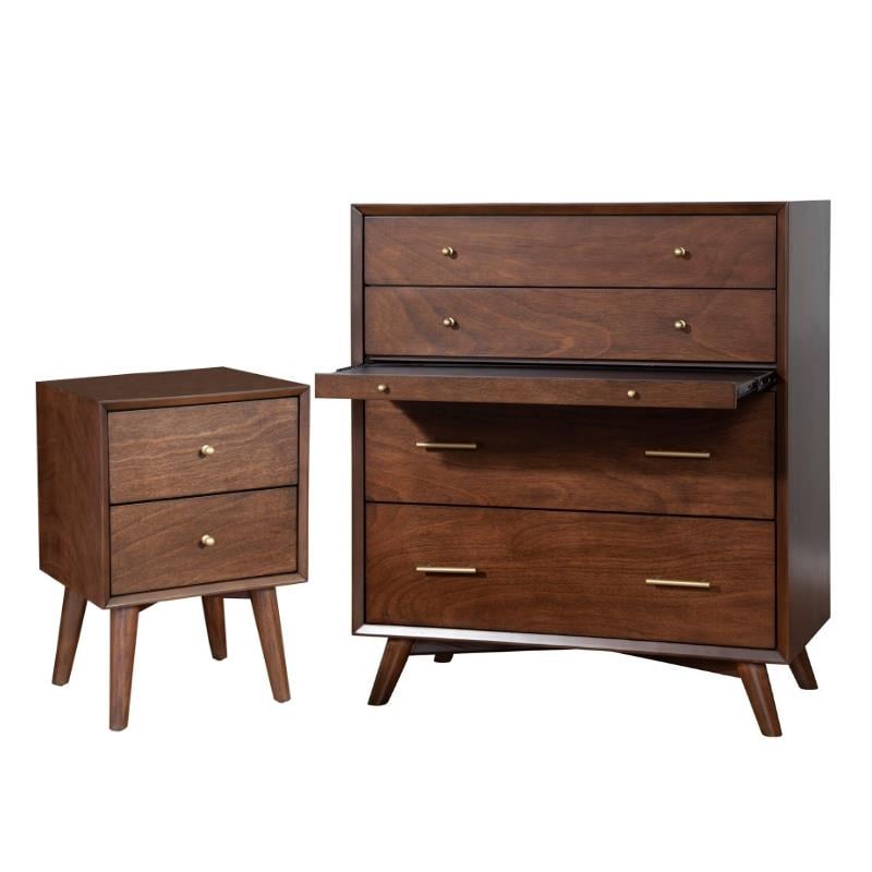Home Square 2 Piece Set with Nightstand and 4-Drawer Accent Chest in Walnut