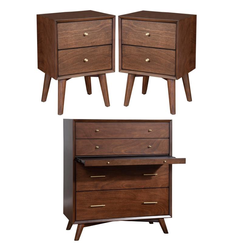 Home Square 3 Piece Set with Nightstand and 4-Drawer Accent Chest in Walnut