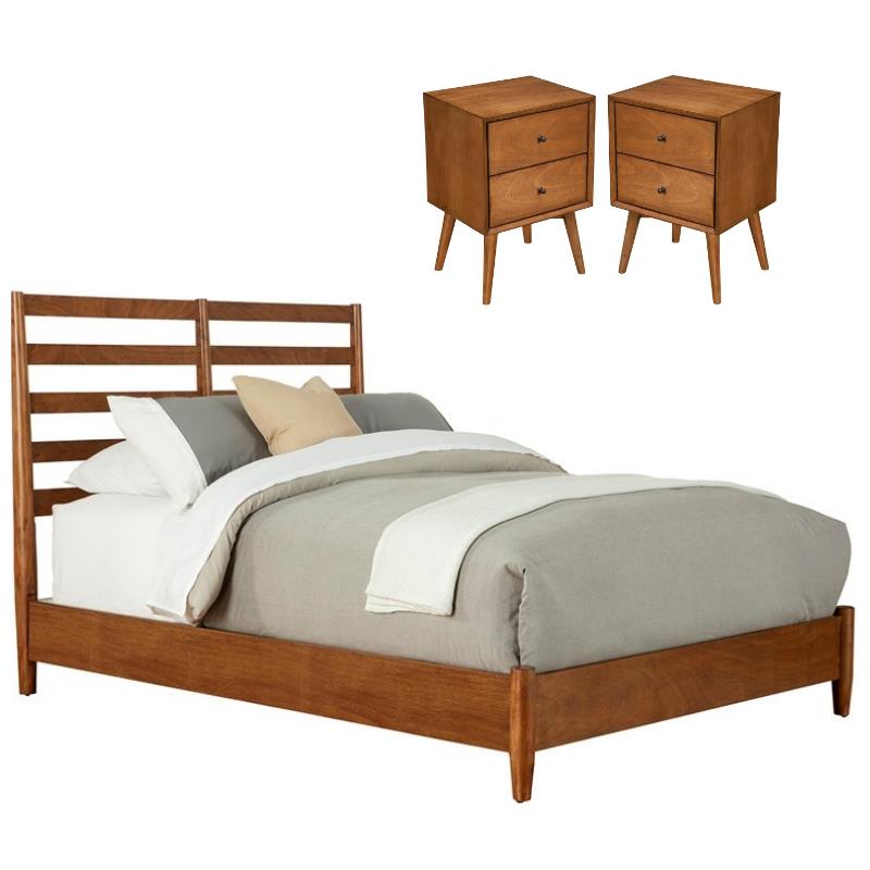 Home Square 3 Piece Set with Full Wood Bed and Nightstand in Acorn Brown
