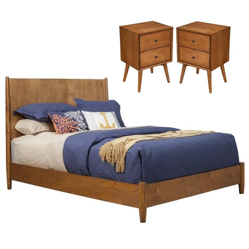 Home Square 3 Piece Set with Queen Wood Panel Bed and Nightstand in Acorn Brown