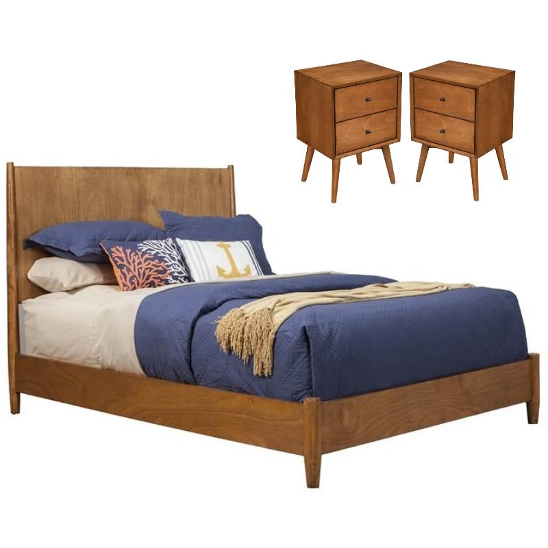Home Square 3 Piece Set with King Wood Panel Bed and Nightstand in Acorn Brown