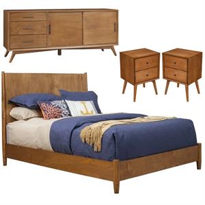 Home Square 4 Piece Set with TV Console Queen Wood Panel Bed & Nightstand