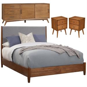 Home Square 4 Piece Set with Large TV Console King Wood Panel Bed & Nightstand