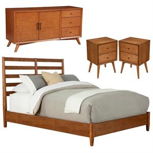 Home Square 4 Piece Furniture Set with Sideboard Full Wood Bed and Nightstand