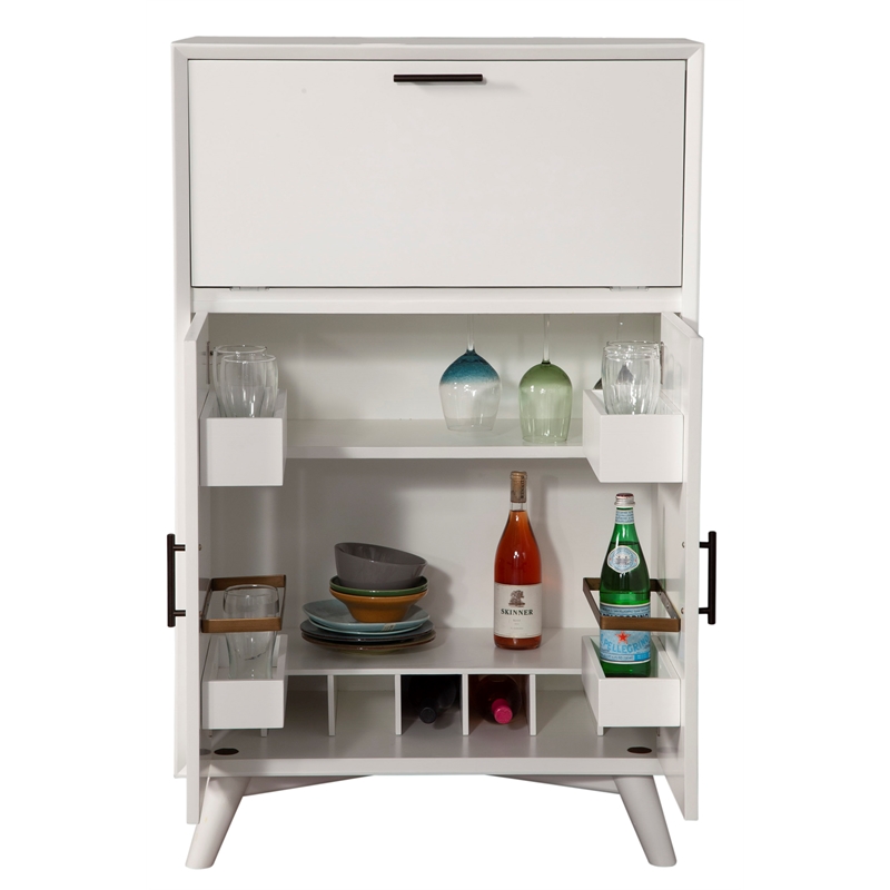 Home Square 2 Piece Set with Wood Bench and Large Wood Bar Cabinet in White