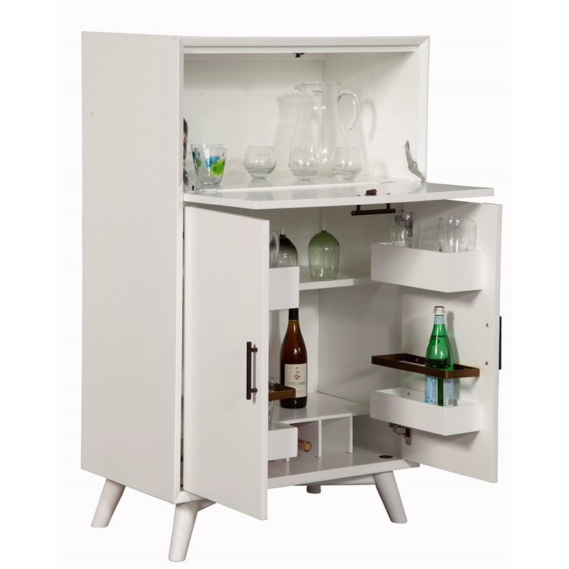 Home Square 2 Piece Set with Wood Bench and Large Wood Bar Cabinet in White