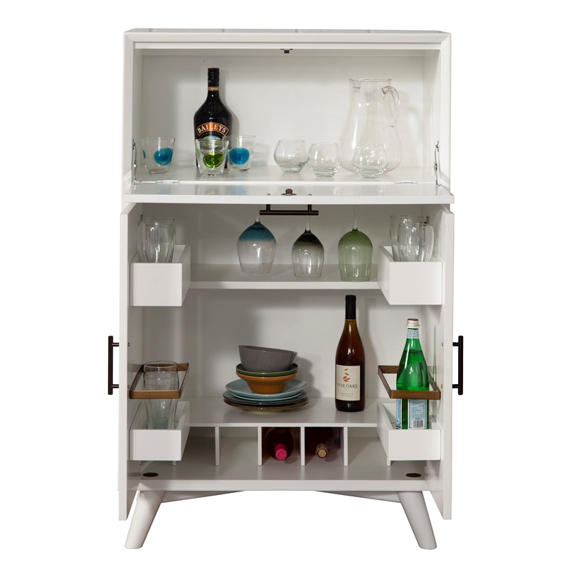 Home Square 2 Piece Set with Wood Bench and Large Wood Bar Cabinet in White
