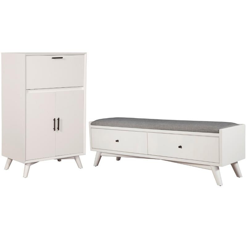 Home Square 2 Piece Set with Wood Bench and Large Wood Bar Cabinet in White