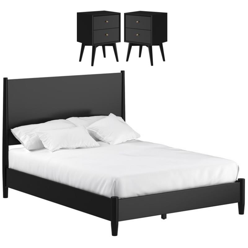 Home Square 3 Piece Set with King Panel Bed & 2-Drawer Nightstand in Black