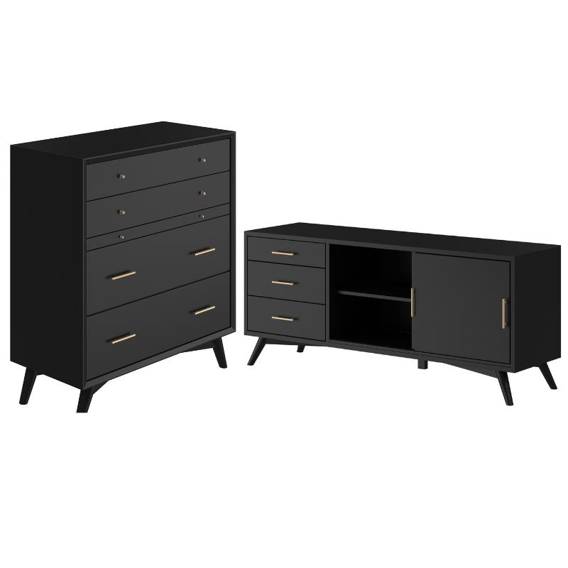 Home Square 2 Piece Set with TV Console and Multifunction Chest in Black