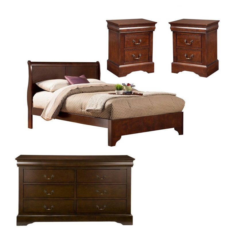 Home Square 4 Piece Set with Nightstand Eastern King Wood Sleigh Bed & Dresser