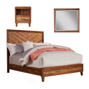 Home Square 3 Piece Set with Nightstand Mirror and Queen Wood Bed in Toffee
