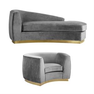 home square 2-piece set with velvet accent chair and chaise in gray and gold
