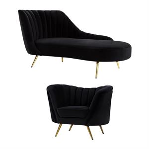 home square 2-piece set with velvet accent chair and chaise in black and gold