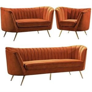 Home Square 3-Piece Set with Accent Chair Loveseat & Sofa in Cognac and Gold