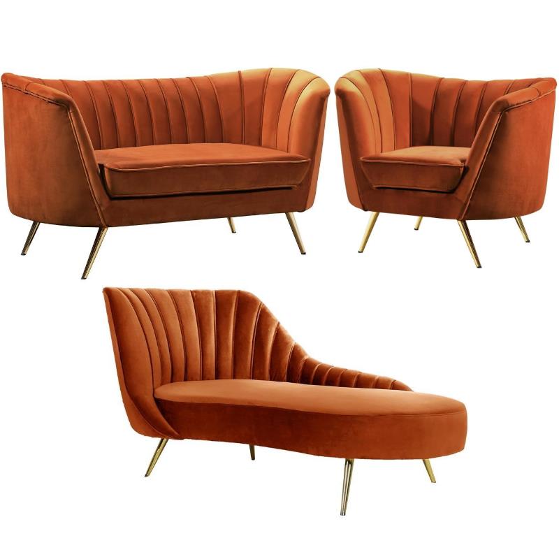 Home Square 3-Piece Set with Accent Chair Chaise and Loveseat in Cognac and Gold