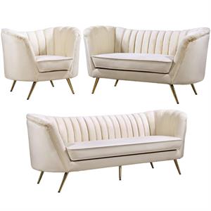Home Square 3-Piece Set with Accent Chair Loveseat & Sofa in Cream and Gold