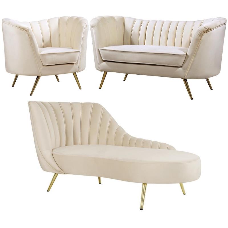 Home Square 3-Piece Set with Accent Chair Chaise and Loveseat in Cream and Gold