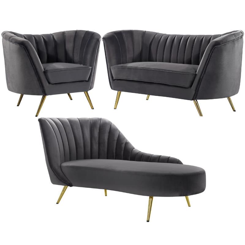 Home Square 3-Piece Set with Accent Chair Chaise and Loveseat in Gray and Gold