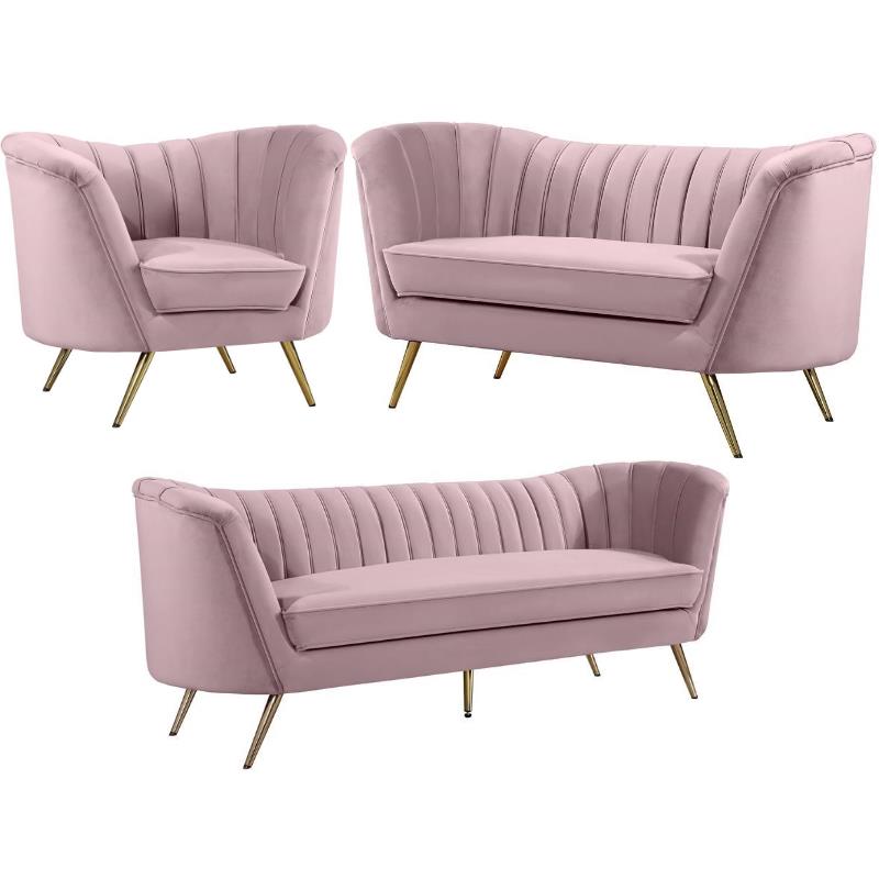 Home Square 3-Piece Set with Accent Chair Loveseat and Sofa in Pink and Gold