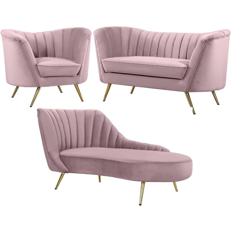Home Square 3-Piece Set with Accent Chair Chaise and Loveseat in Pink and Gold