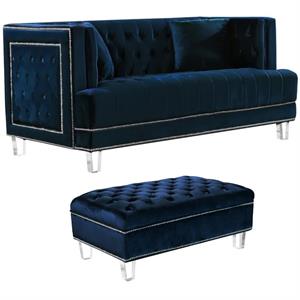 home square 2-piece set with contemporary velvet ottoman and loveseat in navy