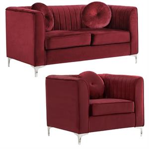 home square 2-piece set with velvet chair and loveseat in burgundy and chrome