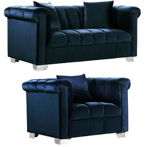 home square 2-piece set with velvet accent chair and loveseat in navy and chrome