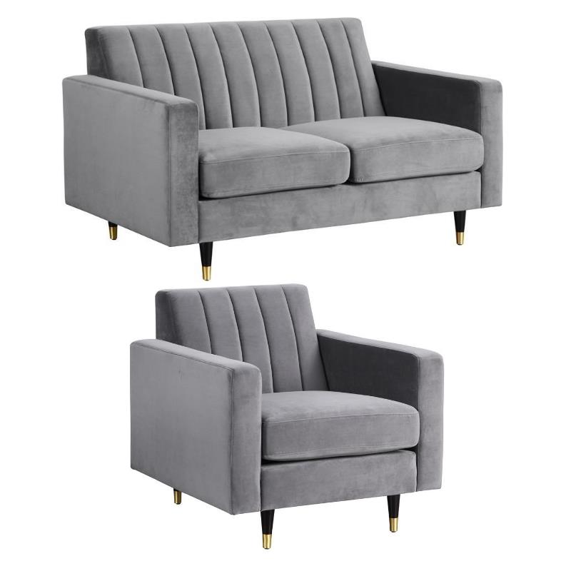 Home Square 2-Piece Set with Velvet Accent Chair & Contemporary Loveseat in Gray
