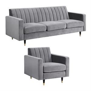 Home Square 2-Piece Set with Velvet Accent Chair & Contemporary Sofa in Gray