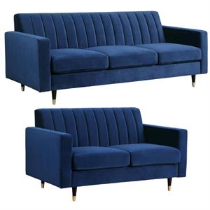 Home Square 2-Piece Set with Velvet Loveseat and Contemporary Sofa in Navy