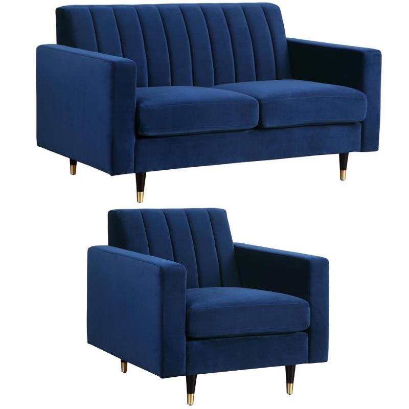 Home Square 2-Piece Set with Velvet Accent Chair and Loveseat in Navy